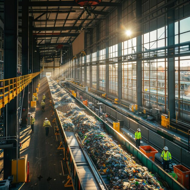 Arbeiter sortieren Recyclingmaterial auf Förderband in Industriehalle.