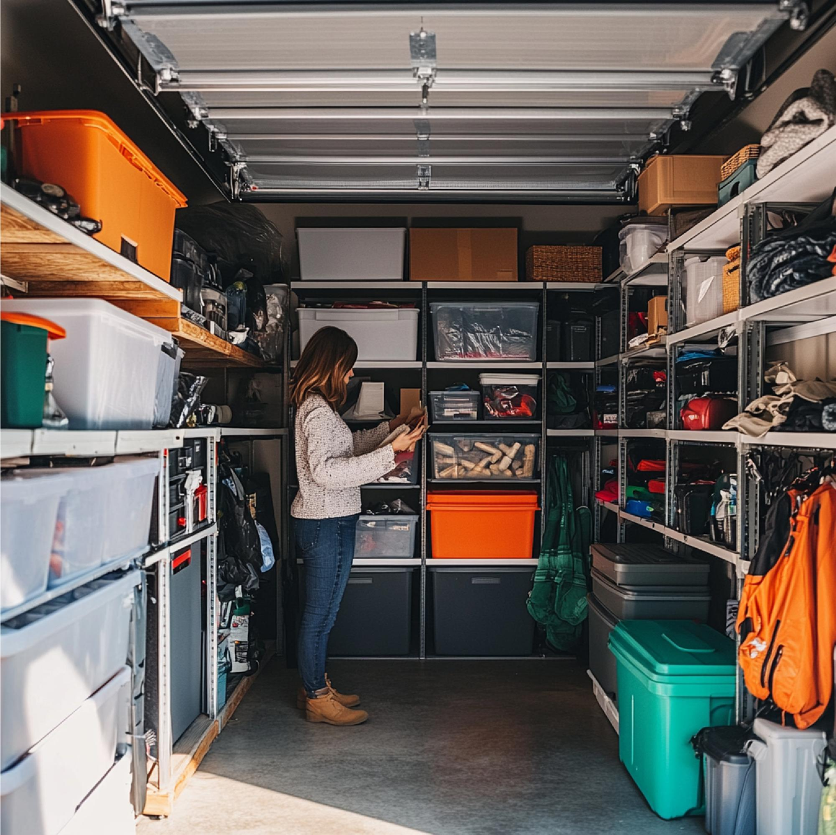Frau durchsucht Regale in einem organisierten Garage-Lagerraum.