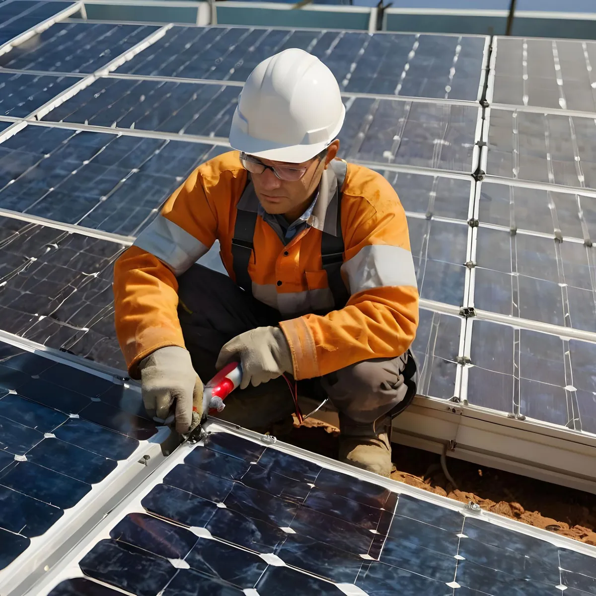Techniker in Schutzausrüstung installiert Solarpanele auf Dach.