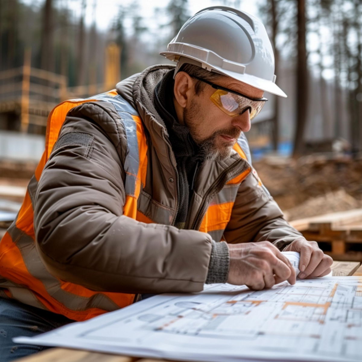 Bauarbeiter mit Schutzhelm studiert Baupläne auf Baustelle.
