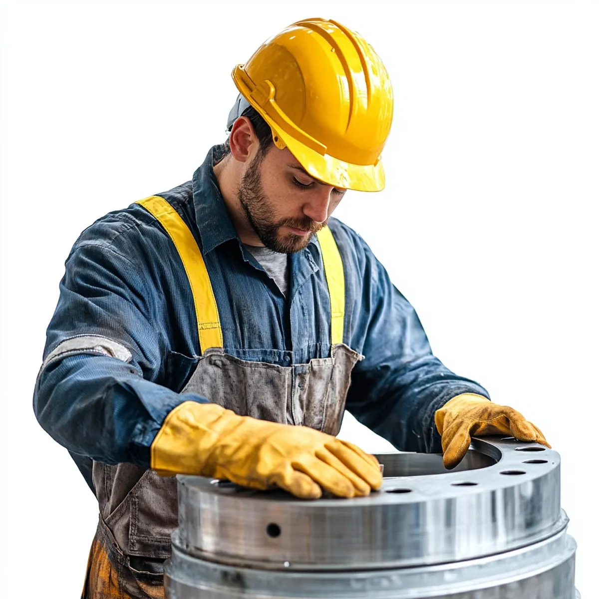 Arbeiter mit Schutzhelm montiert ein metallisches Industriebauteil.