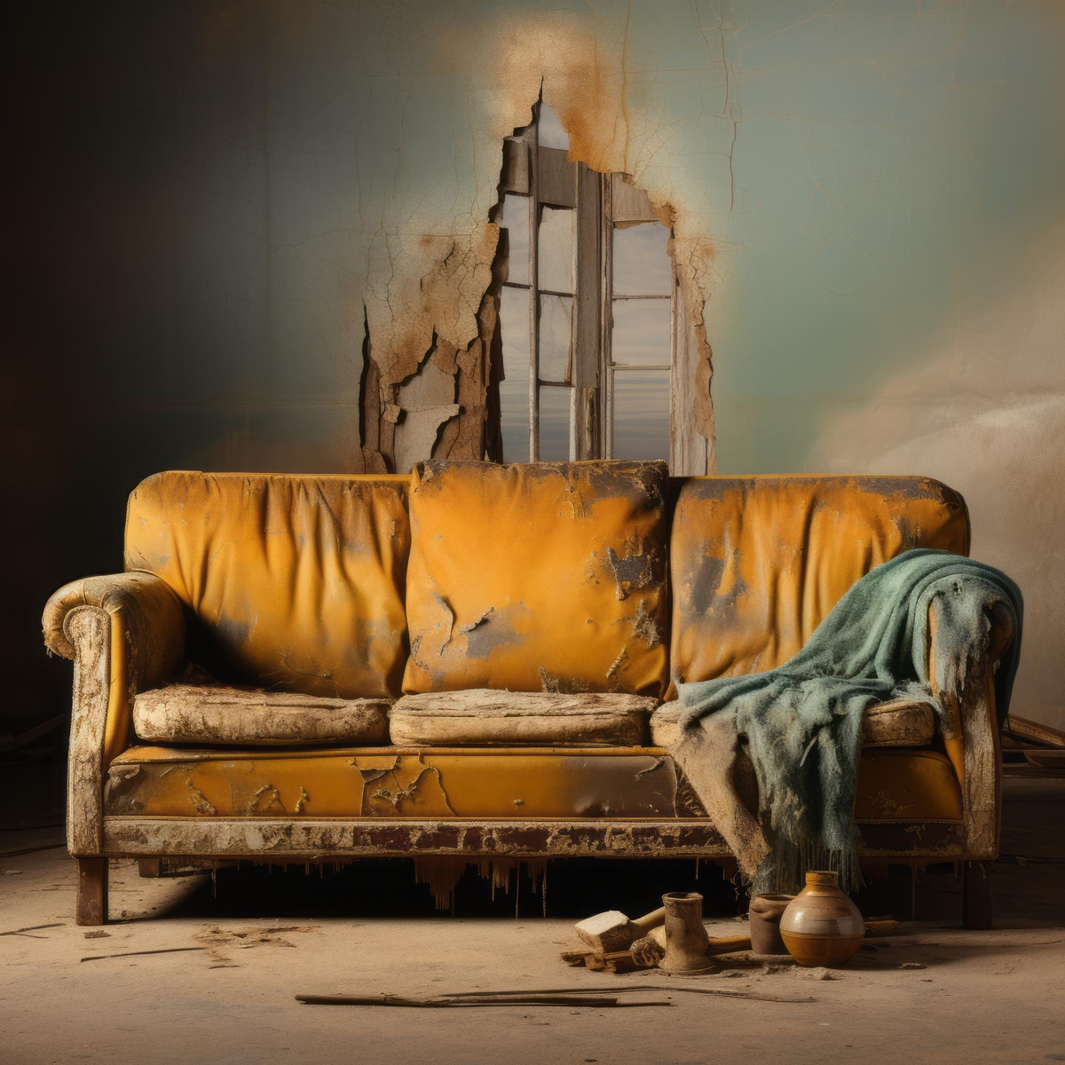 Verfallenes gelbes Sofa in einem baufälligen, verlassenen Raum.