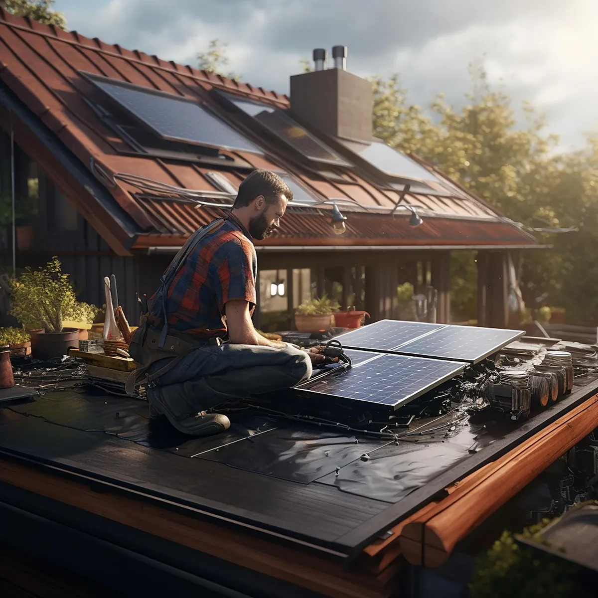 Handwerker installiert Solarpanele auf einem Hausdach.