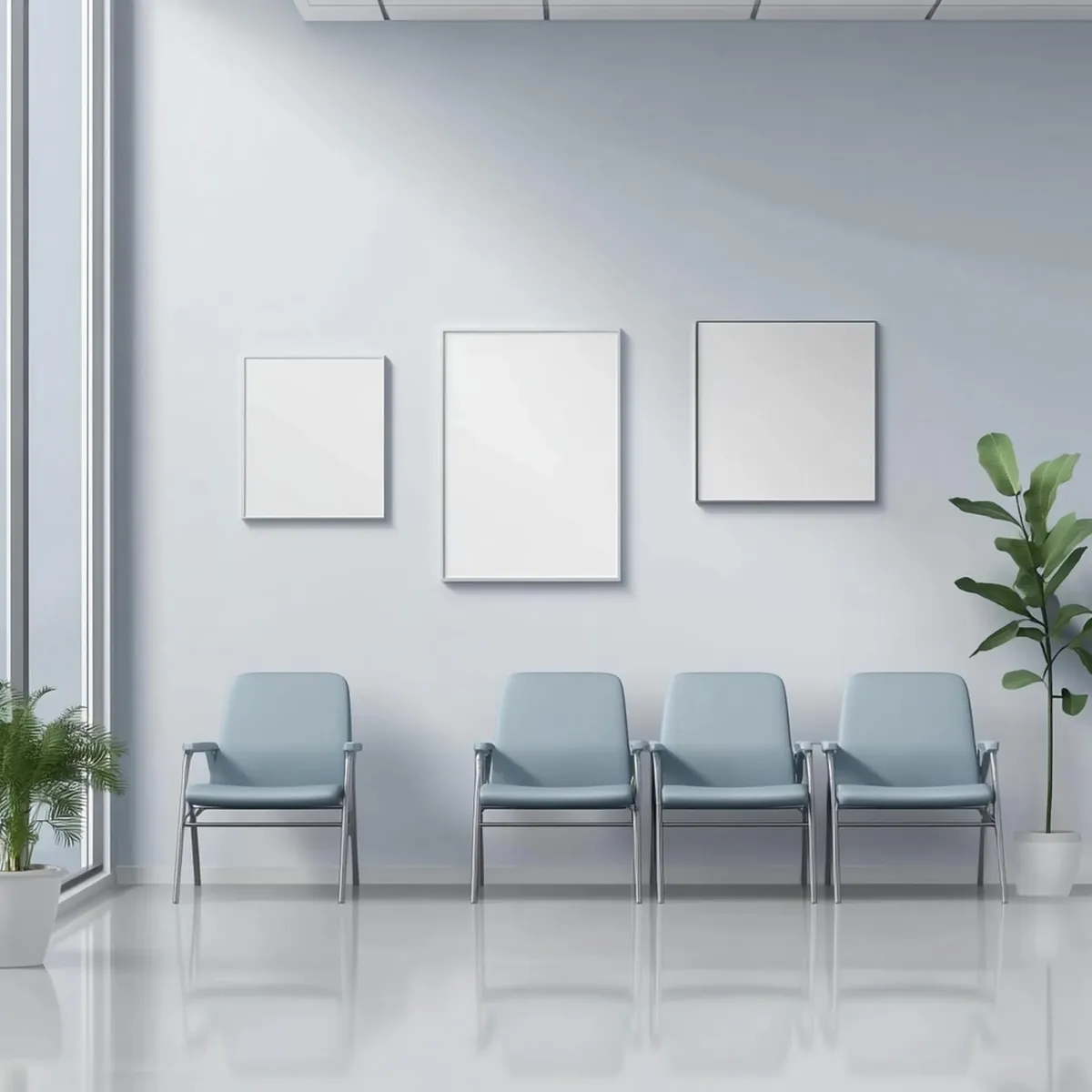Wartezimmer mit vier blauen Stühlen und leeren Bilderrahmen.