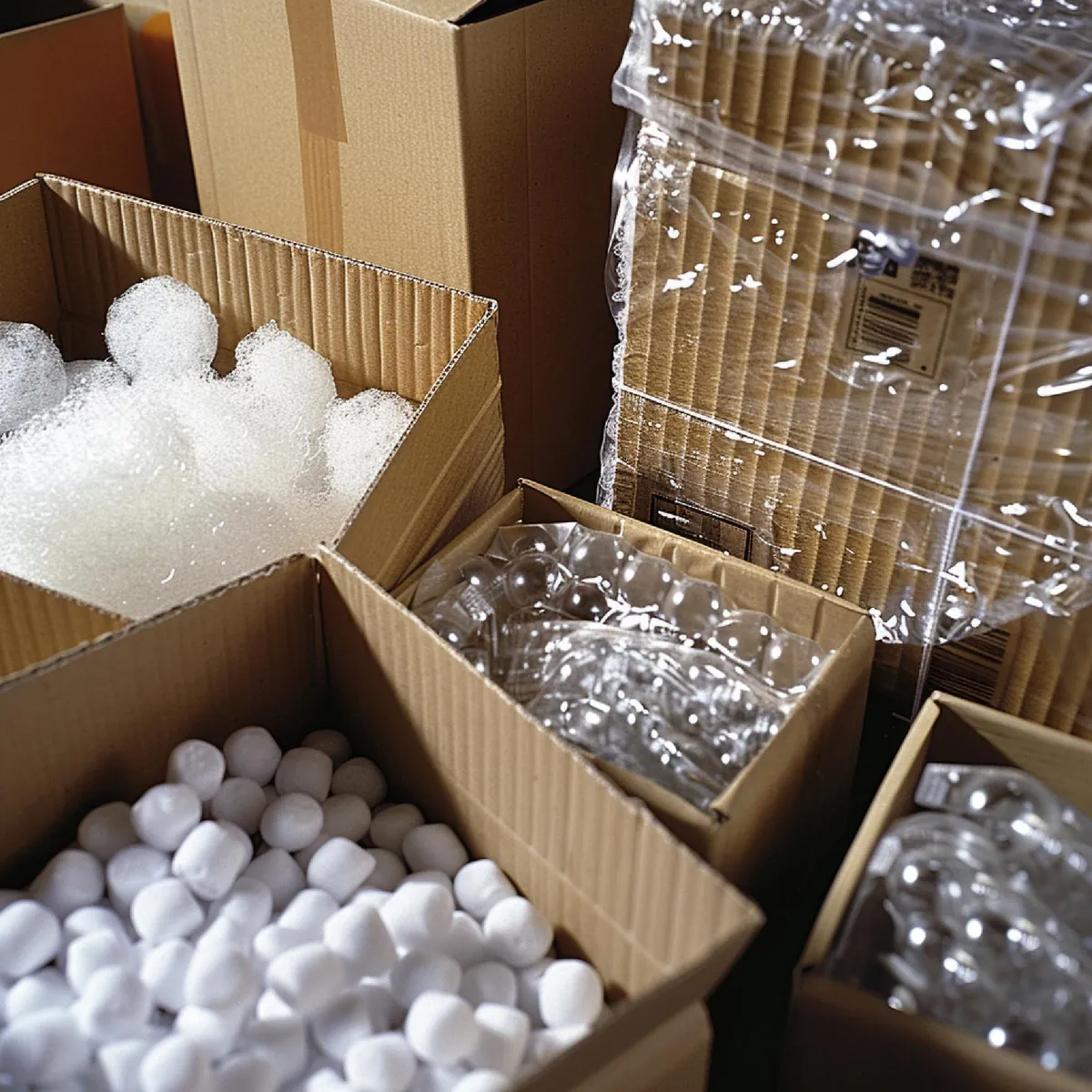 Kartons mit Styropor-Chips und Kunststoffverpackungen.