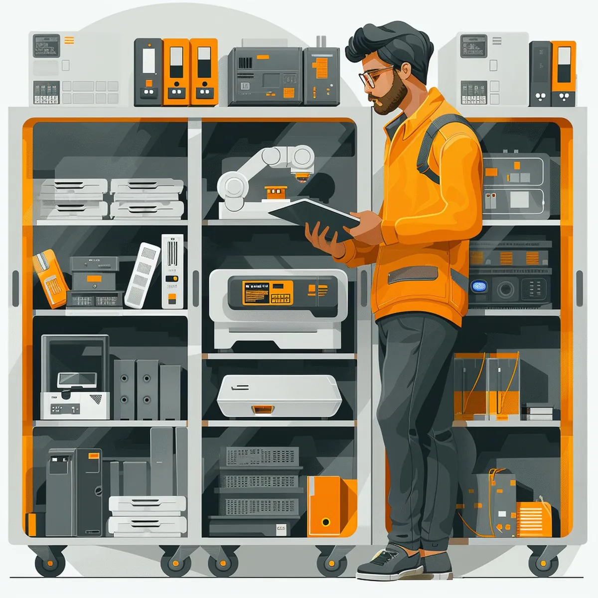 Mann mit Tablet inspiziert Schrank voller Technikgeräte.