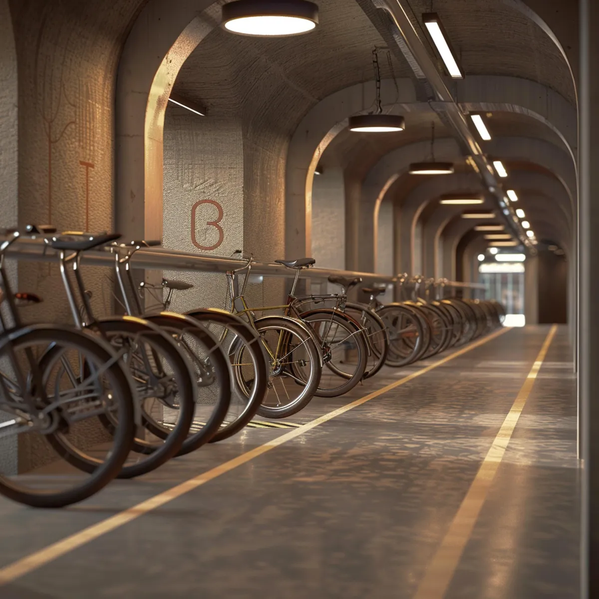 Fahrräder parken in einem beleuchteten unterirdischen Tunnel.