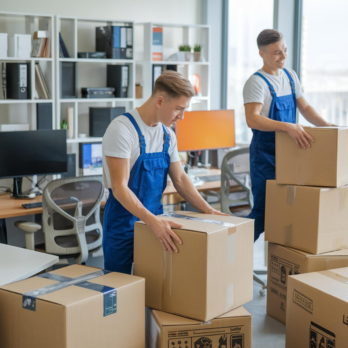 Zwei Umzugshelfer packen Kartons in einem Büro.