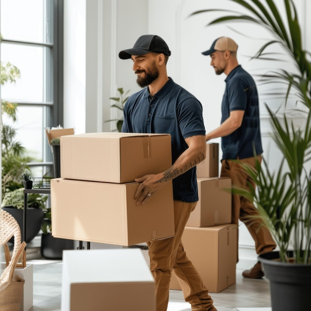 Zwei Umzugshelfer tragen schwere Kartons in Wohnung.