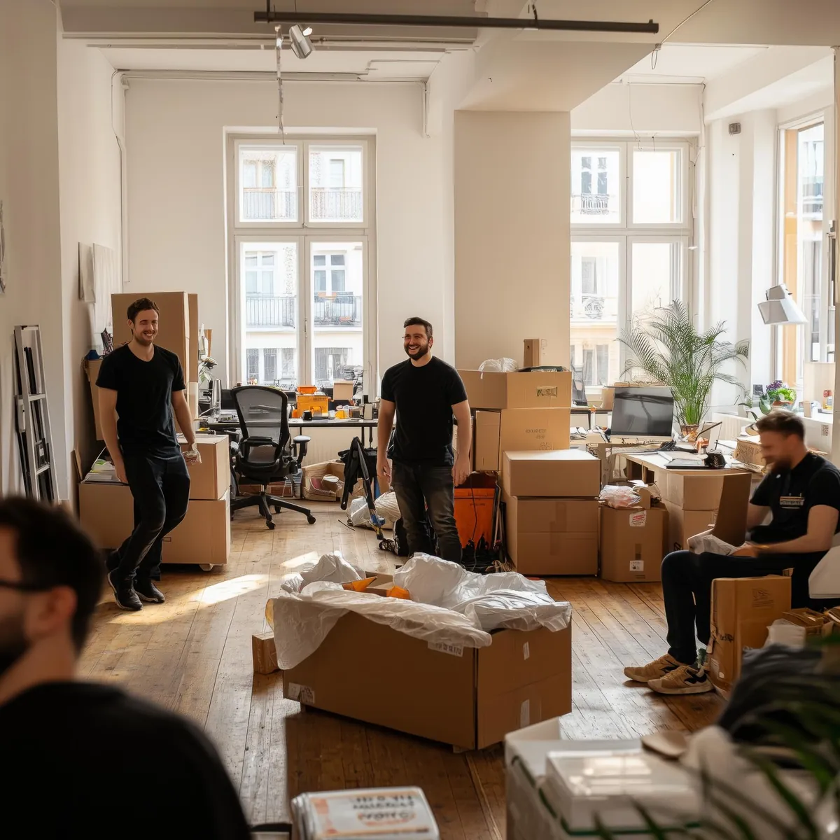 Männer packen Umzugskartons in einem hellen Büro.