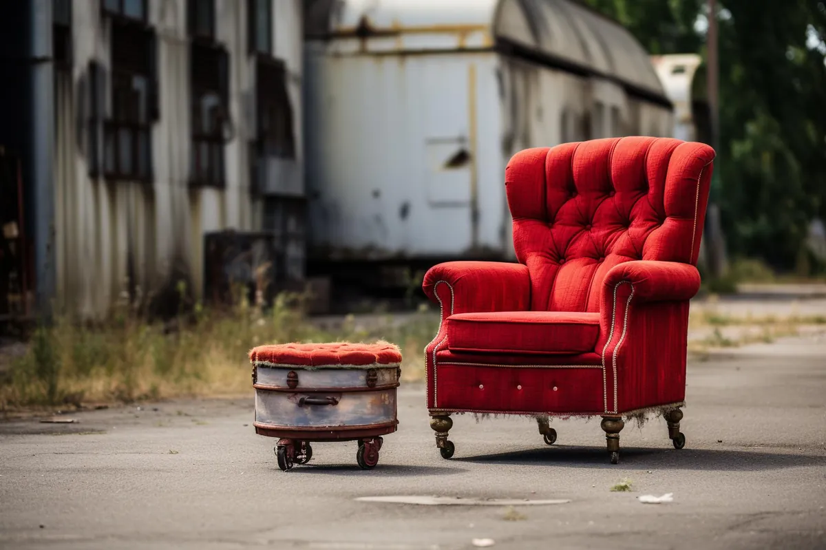 Roter Vintage-Sessel mit Hocker auf verlassenem Industriegelände.