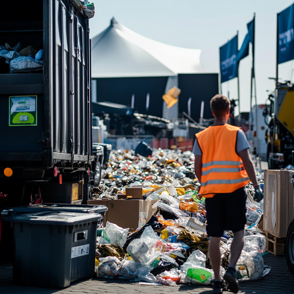 Arbeiter in Warnweste inspiziert riesigen Müllberg neben LKW.