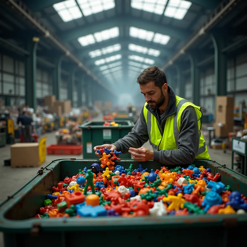 Arbeiter in Warnweste sortiert bunte Plastikspielzeuge in Lagerhalle.
