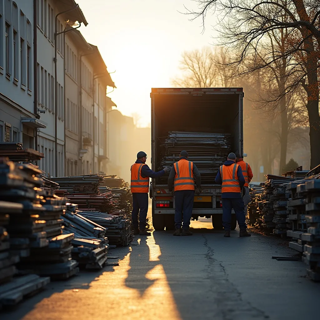 Arbeiter in Warnwesten beladen einen LKW mit Baumaterial.
