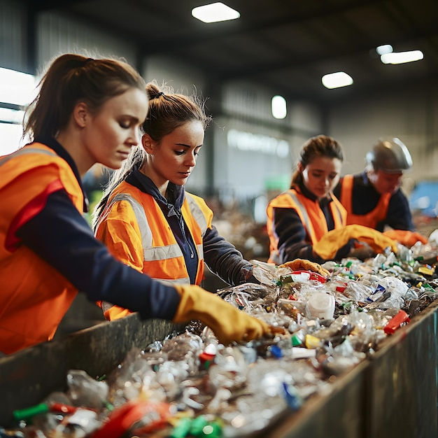 Frauen in Warnwesten sortieren Recyclingmaterial auf Förderband.