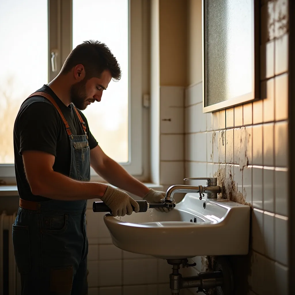 Klempner repariert Waschbecken in einem alten Badezimmer.
