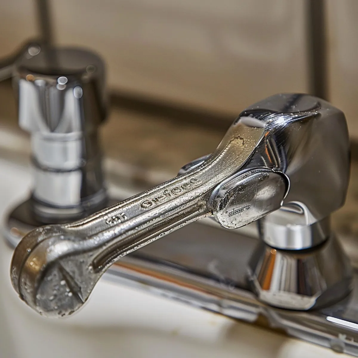 Schraubenschlüssel liegt auf einem Wasserhahn aus Chrom.