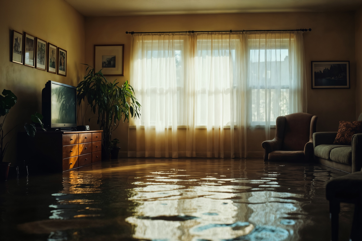Überflutetes Wohnzimmer mit Möbeln und stehendem Wasser.
