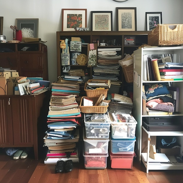 Vollgestopftes Zimmer mit Bücherstapeln, Körben und Regalen.