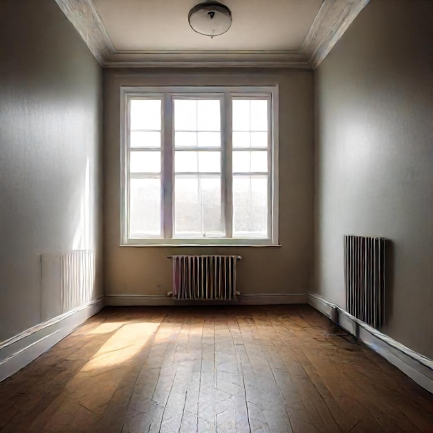 Leeres Zimmer mit Holzboden, Fenster und Heizkörpern.