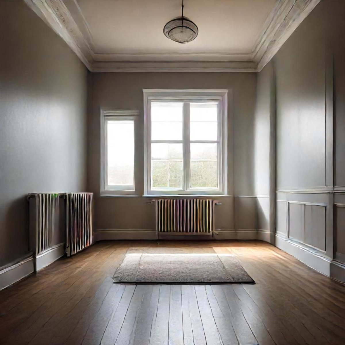 Leeres Zimmer mit Holzboden, Heizkörpern und Fenstern.