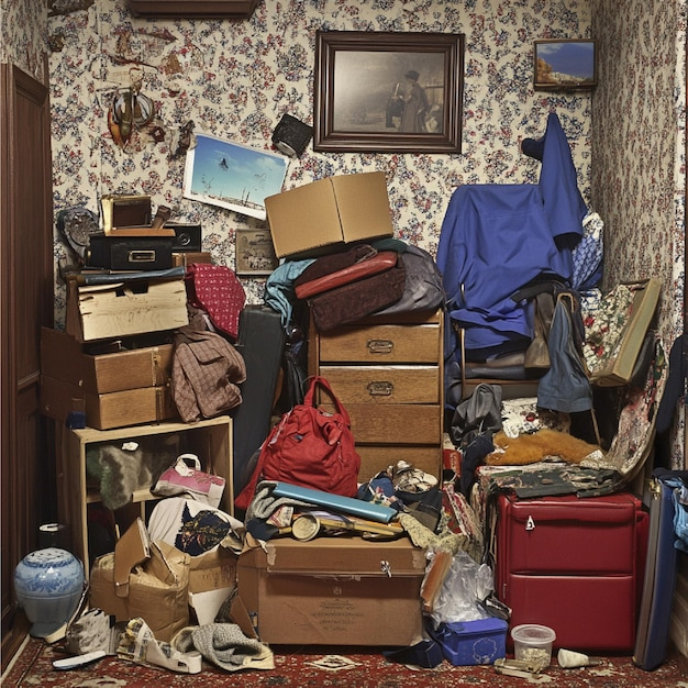 Chaotisch vollgestopftes Zimmer mit Koffern und Kartons.