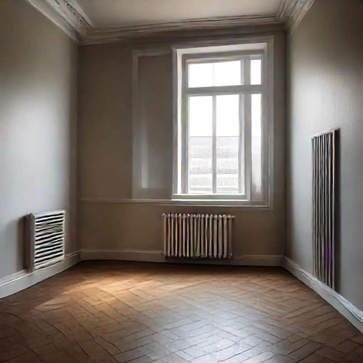 Leeres Zimmer mit Parkettboden, Fenster und Heizkörpern.