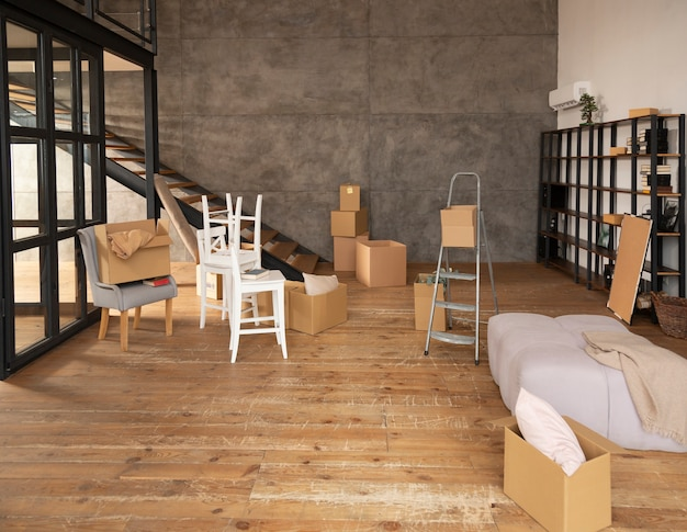 Unordentliches Zimmer mit Umzugskartons und Möbeln.