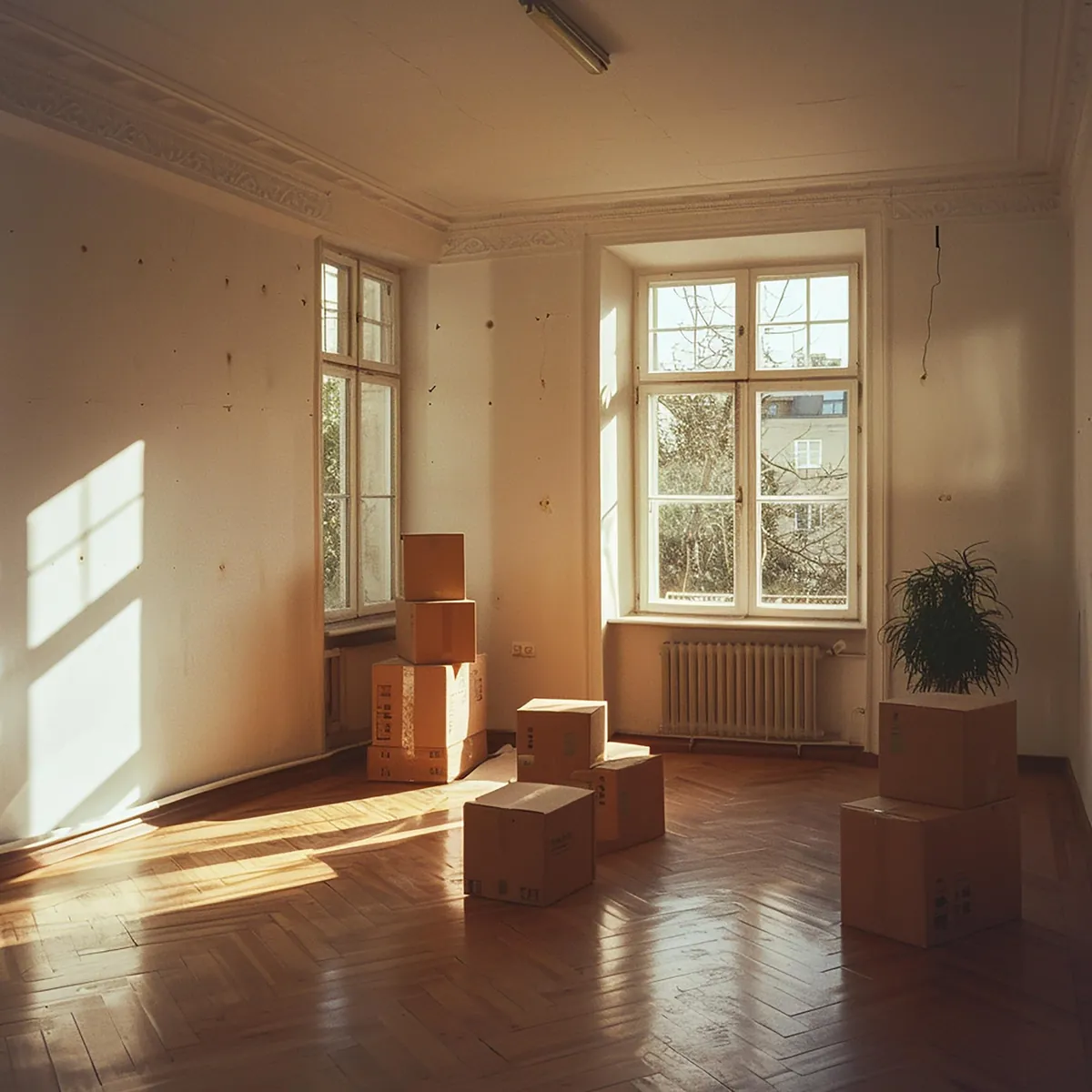 Leeres Zimmer mit Umzugskartons und Parkettboden.